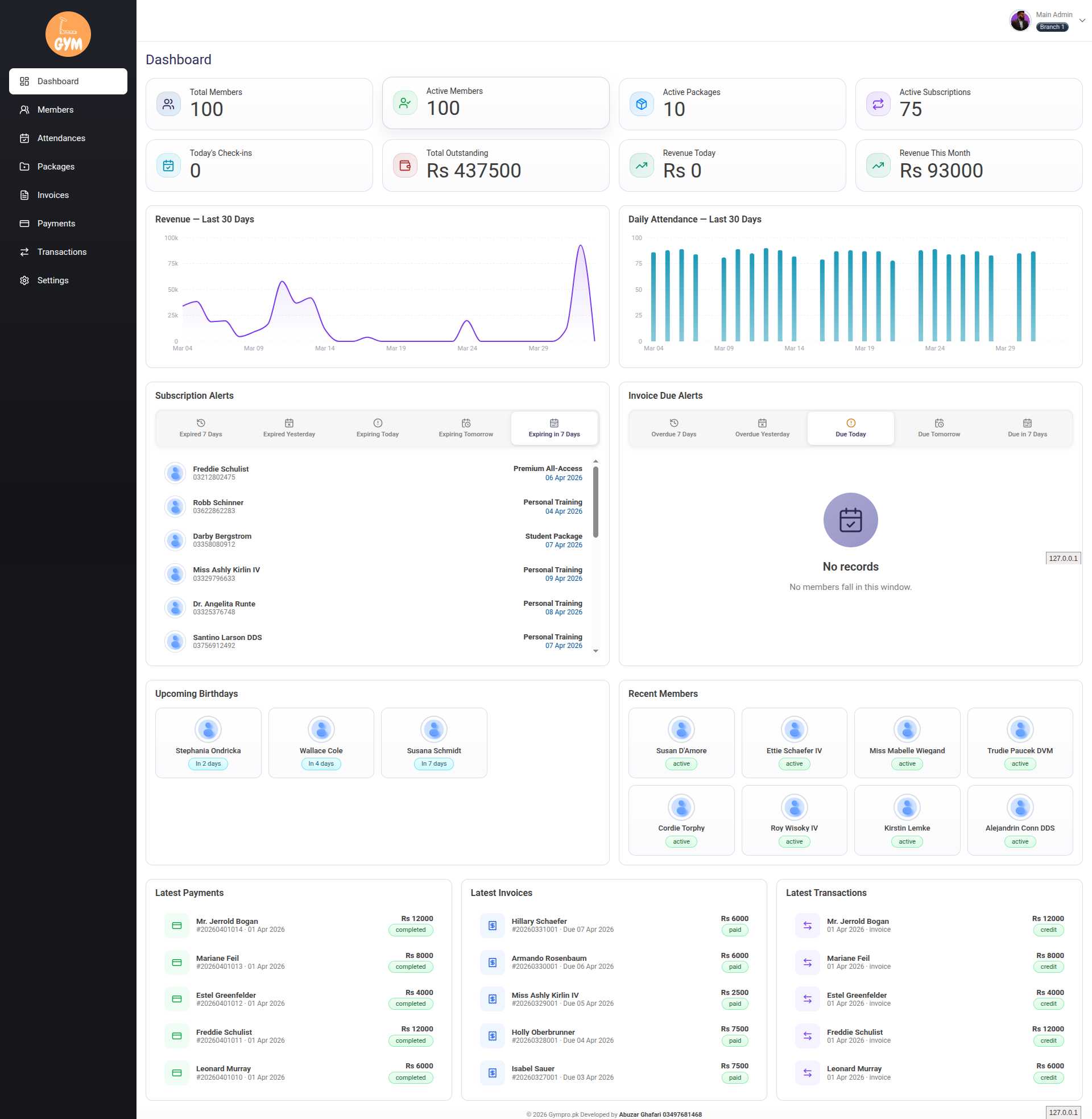 Gymify Branch Portal Dashboard